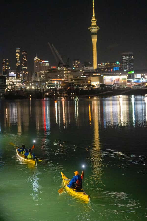 Auckland: City Lights Night Kayak Tour - Westhaven Marina and the Sky Tower glow on Waitematā Harbour